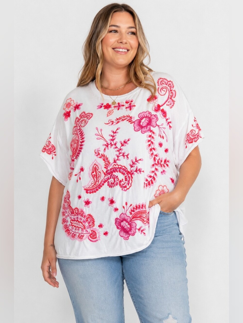 Johnny Was Love Notes Embroidered Oversized Tee Top White Pink 2X